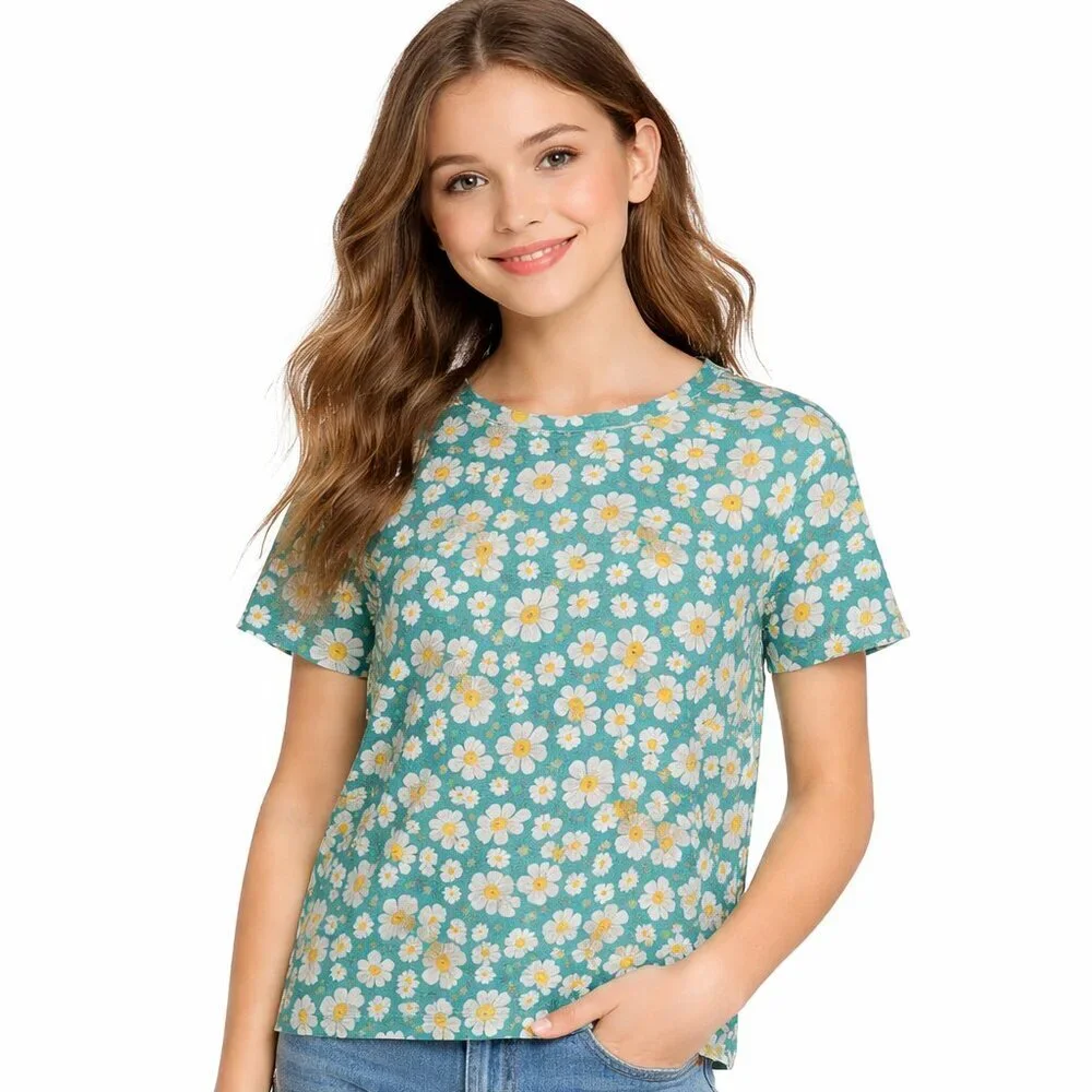 Cat & Jack Tee Green Daisy Girls XL Cotton/Polyester Recycled Comfy NEW - Picture 1 of 5